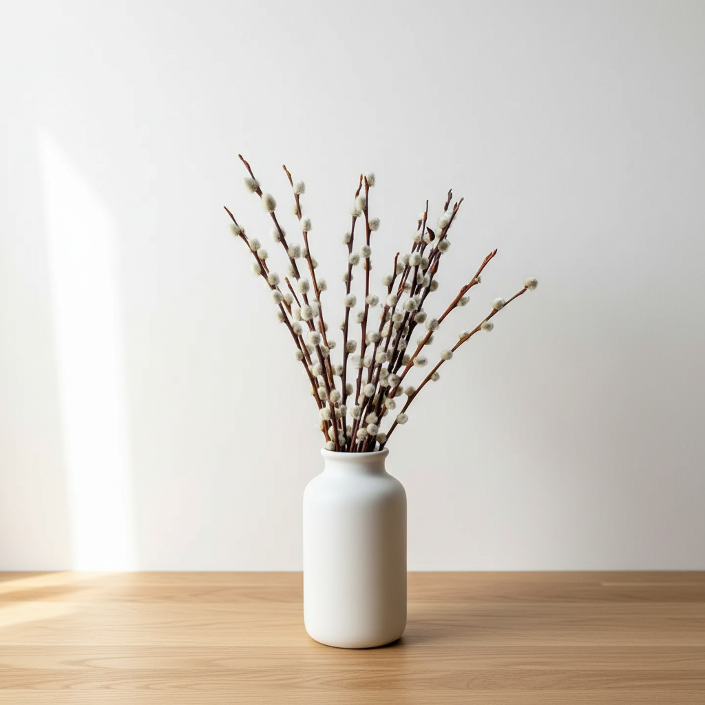 Bundle of dried pussy willow branches in white ceramic vase on oak surface