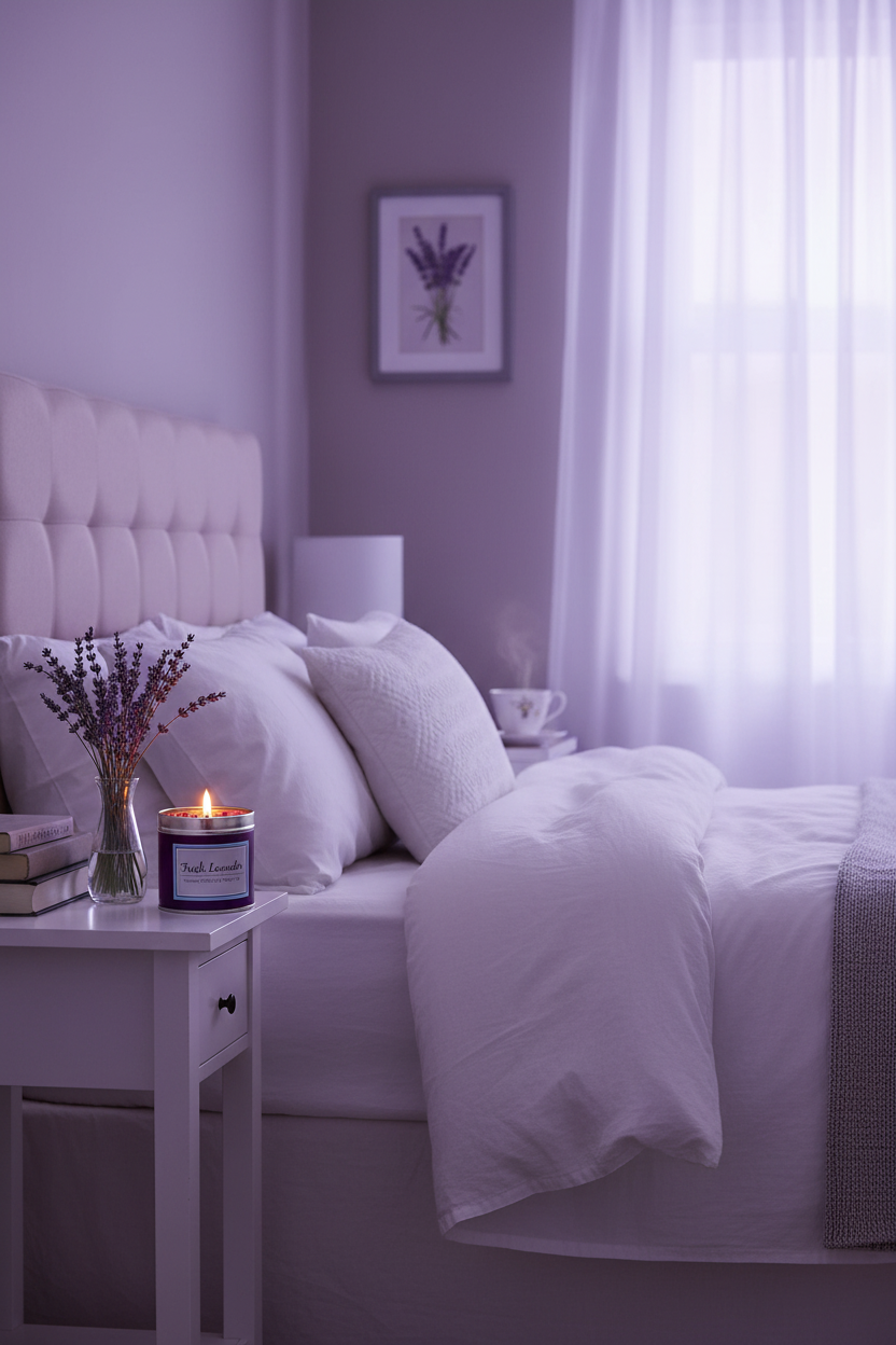 Fresh Lavender purple tin candle burning on bedside table with lavender in vase