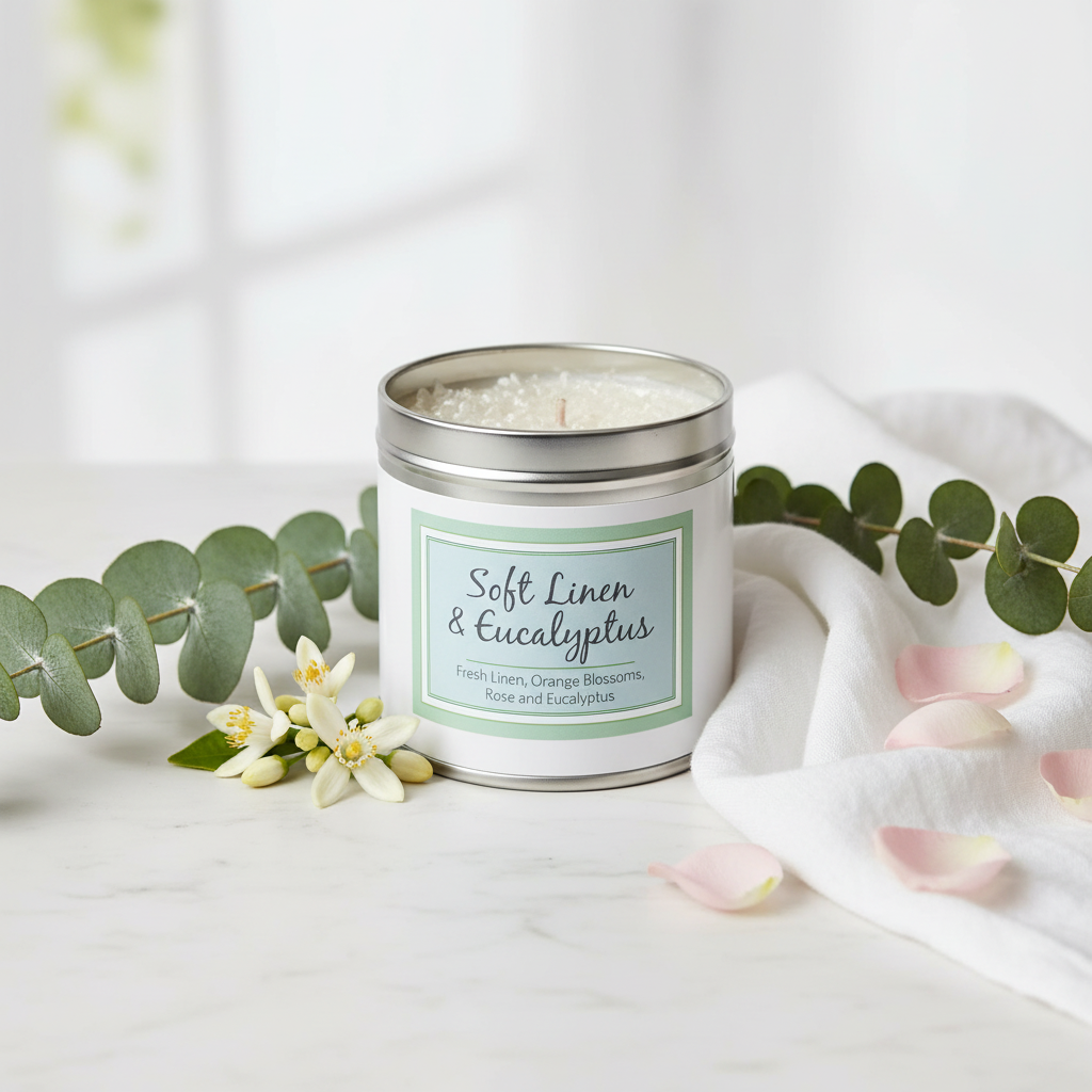 Soft Linen & Eucalyptus white tin candle with pearl crystal topping on marble surface
