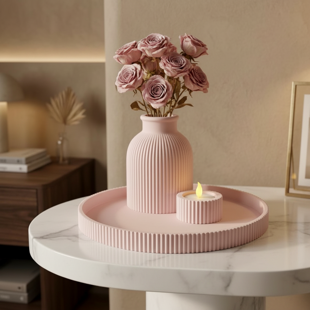Pink ribbed decorative set with dried roses on marble surface