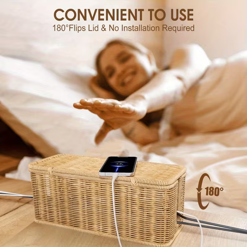Woven Rattan Cable Management Box with Lid – Natural