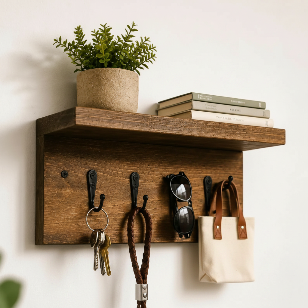 Reclaimed wood wall shelf with 4 hooks