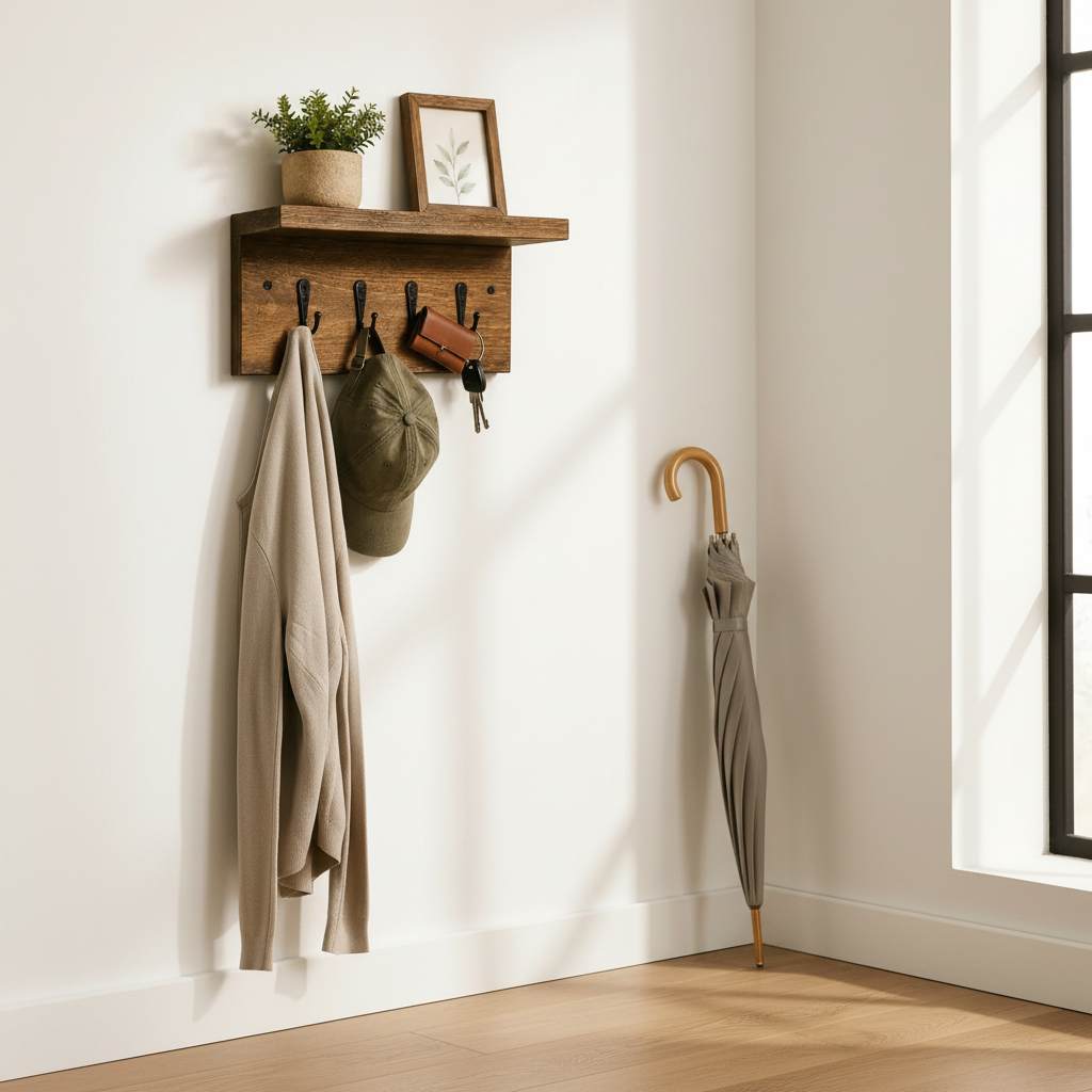 Wood wall shelf with jacket and keys in bright entryway
