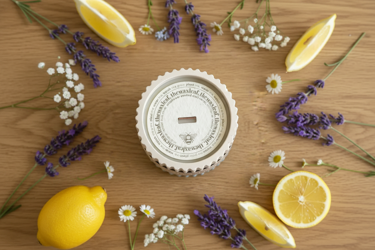 Bedtime Bliss candle flat lay with plantable wildflower seed cover, lavender and daisies