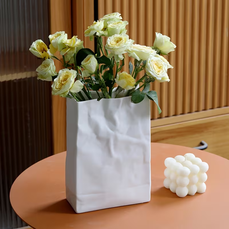 Crumpled Paper Bag Ceramic Vase – Matte White