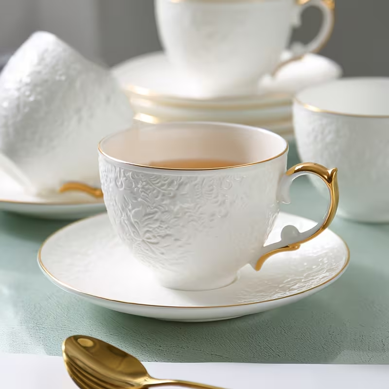 Embossed Bone China Tea Cup & Saucer Set – White & Gold