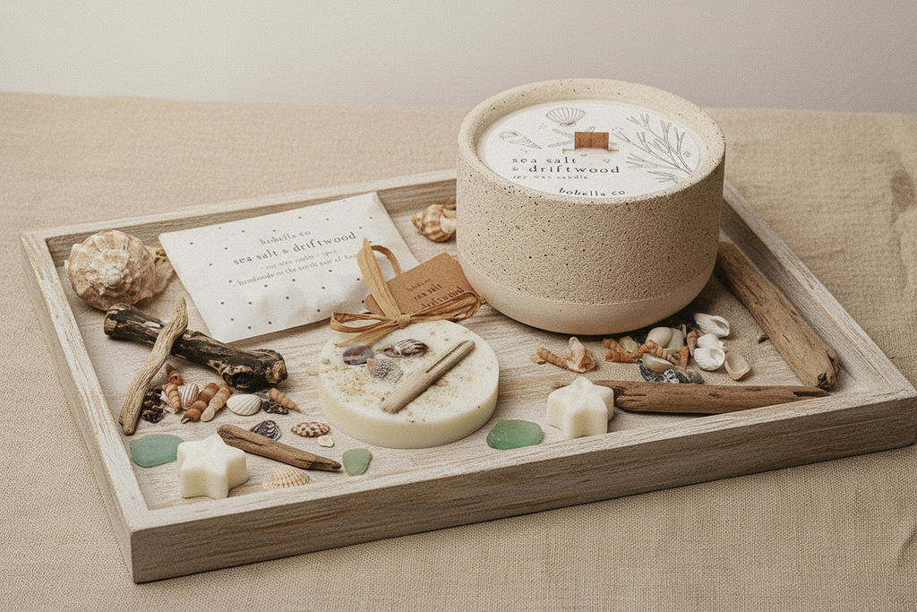 Sea Salt & Driftwood coastal gift set on wooden tray with seashells and driftwood