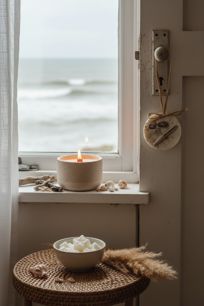 Coastal home interior with sea salt driftwood candle burning and wax disc on door handle
