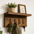 Reclaimed wood wall shelf with 3 hooks