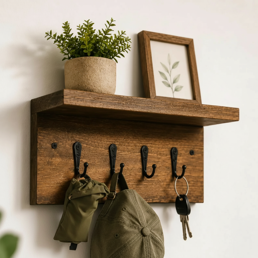 Reclaimed wood wall shelf with 3 hooks