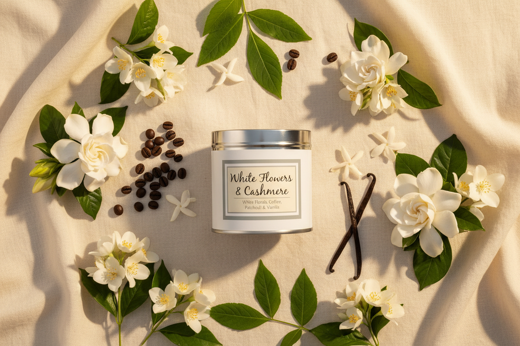 White Flowers & Cashmere candle flat lay with gardenias, coffee beans and vanilla pods
