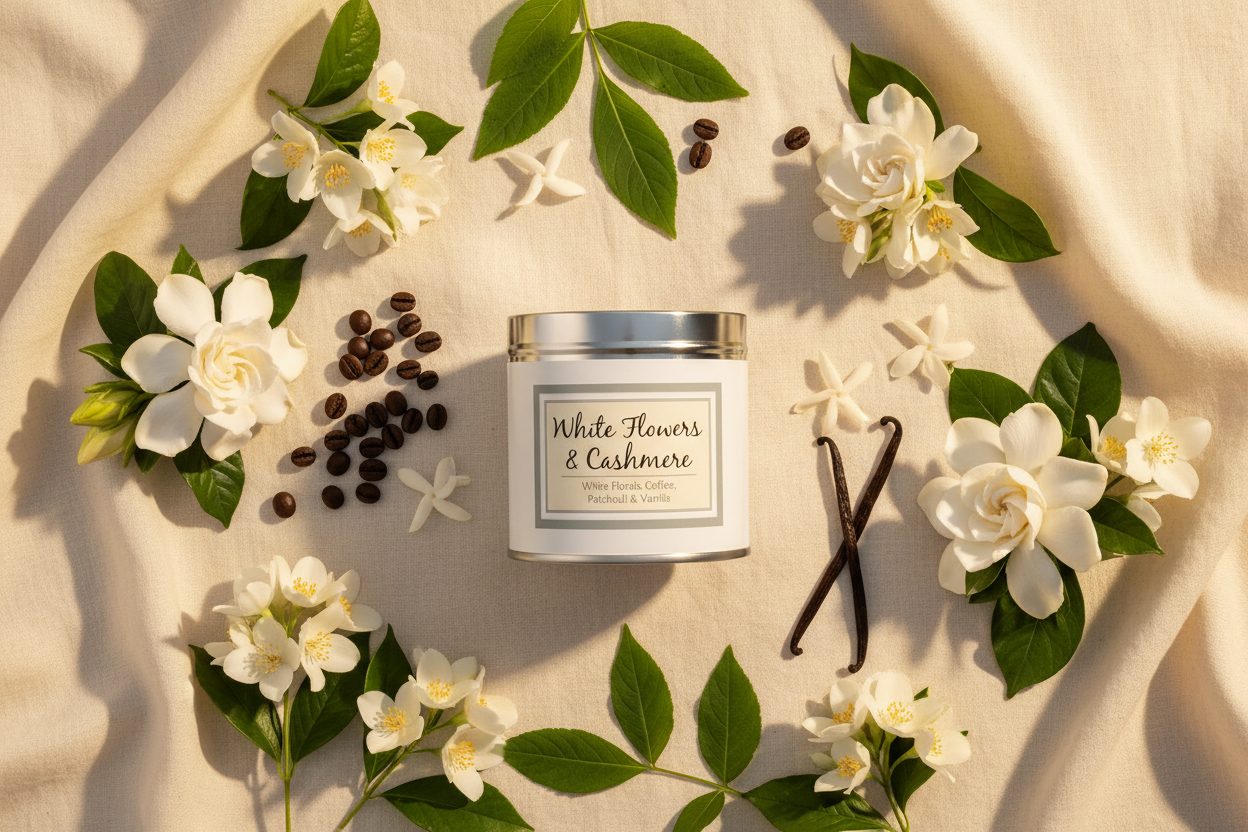 White Flowers & Cashmere candle flat lay with gardenias, coffee beans and vanilla pods