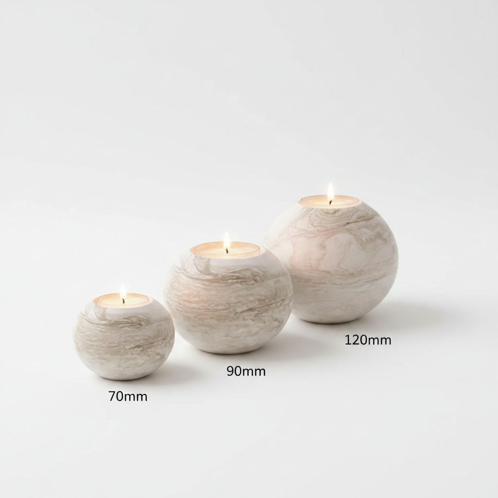 Marble sphere candle holders set of 3 on white background
