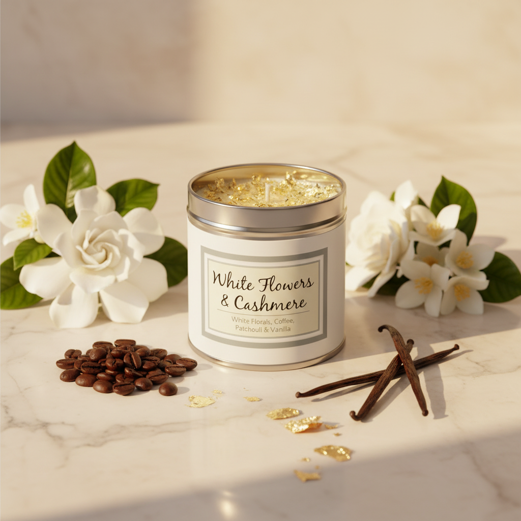White Flowers & Cashmere tin candle with gold leaf topping on cream marble surface