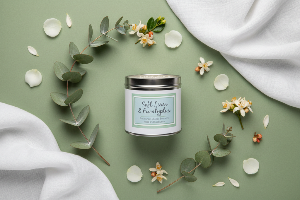 Soft Linen & Eucalyptus candle flat lay with eucalyptus sprigs and white roses