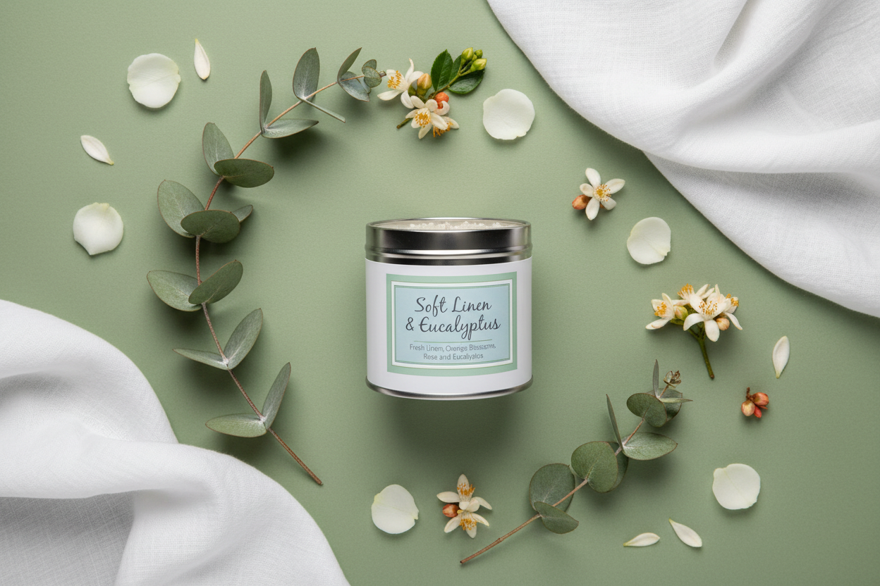 Soft Linen & Eucalyptus candle flat lay with eucalyptus sprigs and white roses