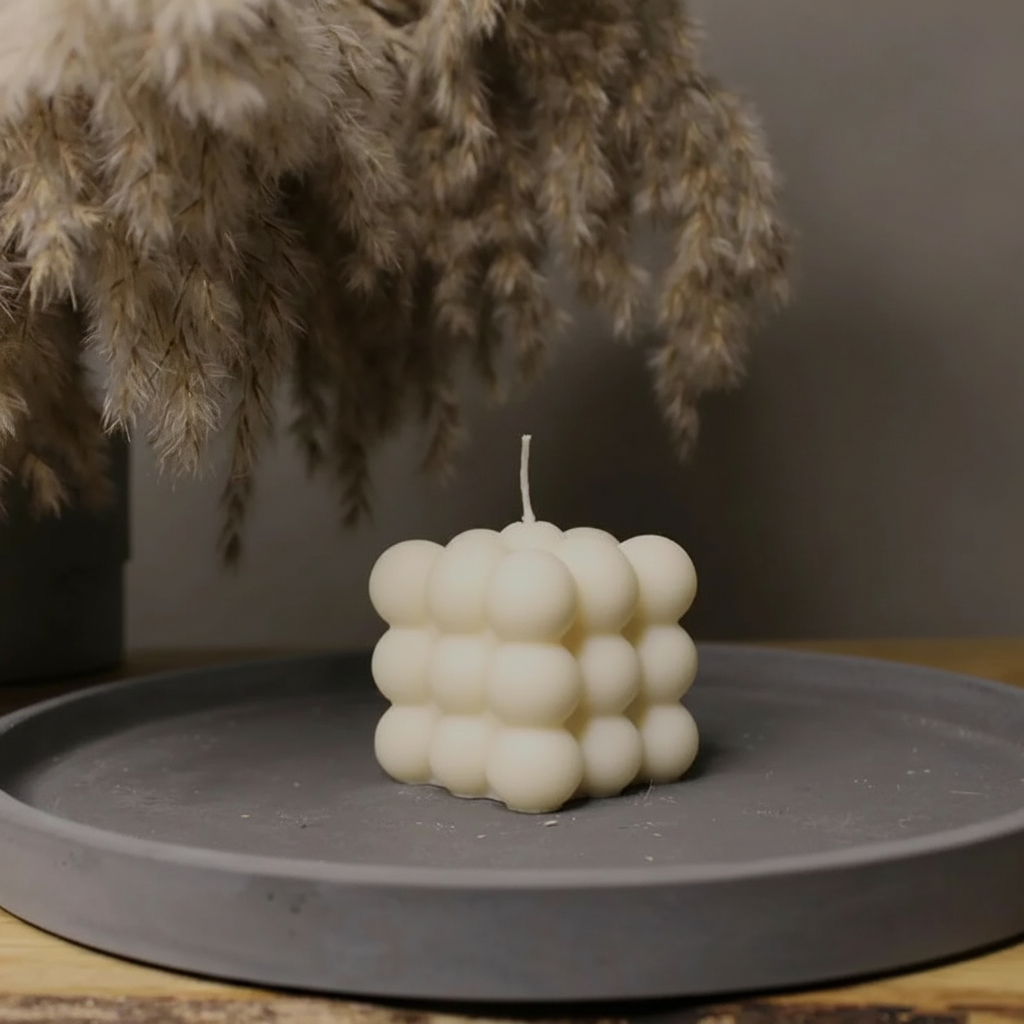 Cream bubble candle on dark ceramic plate with dried pampas grass