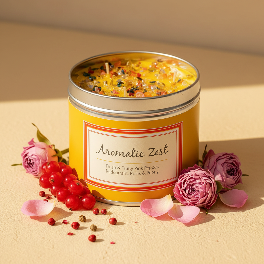 Aromatic Zest yellow tin candle with multicolour crystal topping and pink pepper props
