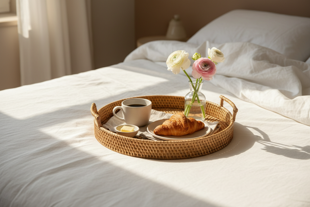 Round rattan tray used as breakfast tray on white linen bed with coffee and croissant