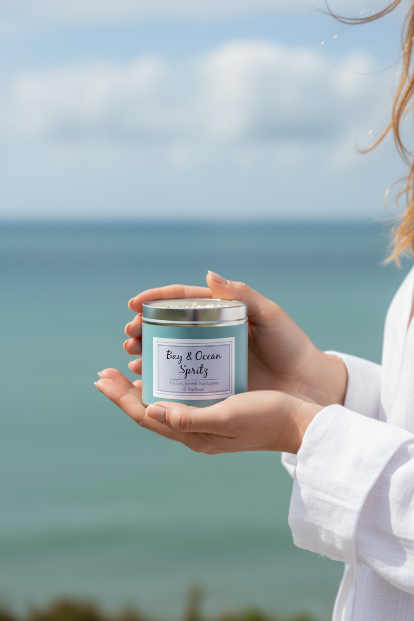 Woman holding Bay & Ocean Spritz teal tin candle with coastal background