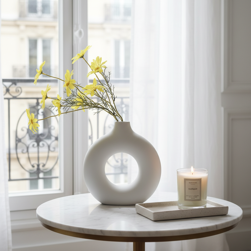 Ceramic donut vase on marble table with wildflower