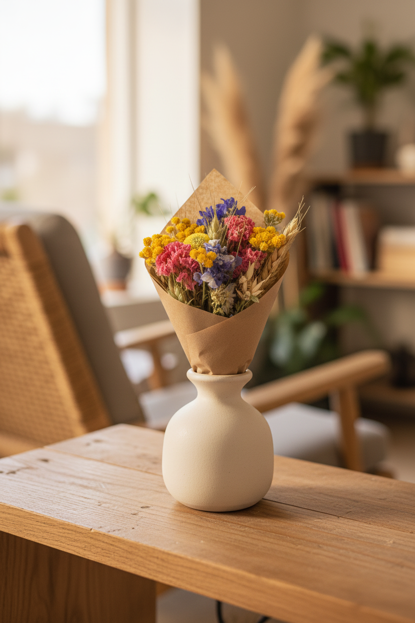 Mini dried flower bouquet in kraft paper in a small ceramic bud vase on wooden shelf