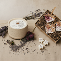 Wild Lavender gift set flat lay with ceramic candle, wax melts and lavender heart decorations