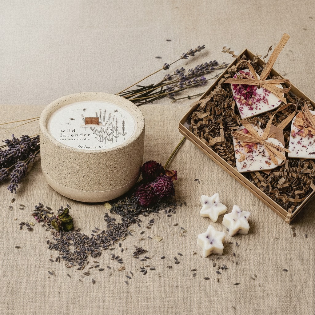 Wild Lavender gift set flat lay with ceramic candle, wax melts and lavender heart decorations
