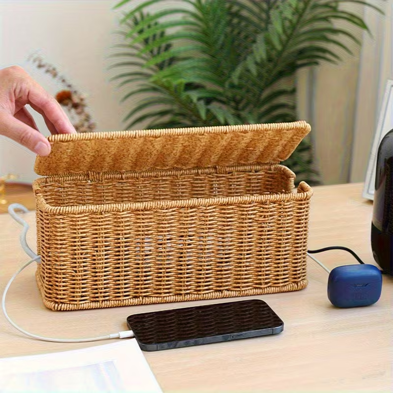 Woven Rattan Cable Management Box with Lid – Natural