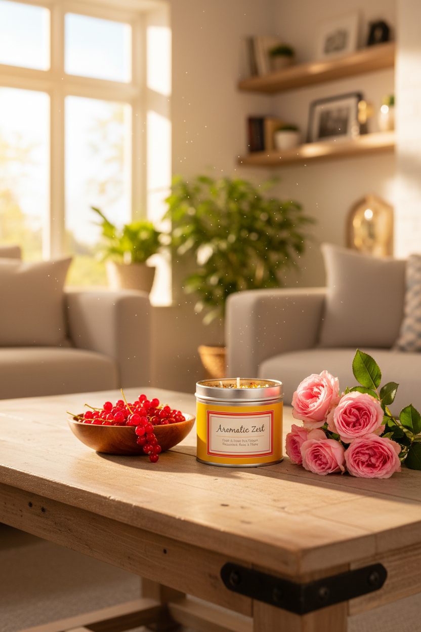 Aromatic Zest yellow tin candle on wooden table with red currants and pink roses