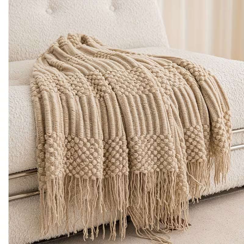 Textured Tassel Throw Blanket – Ivory / Khaki