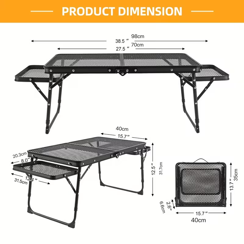Folding Mesh Camping Table with Side Wings – Height Adjustable