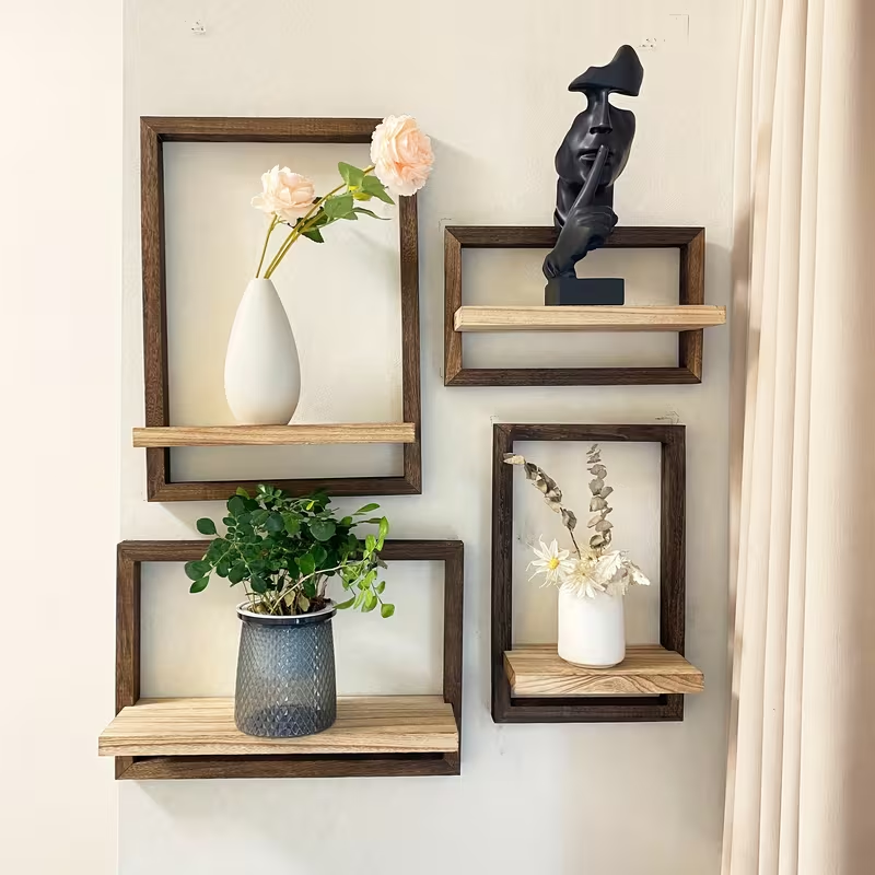 Floating Wall Shelf Set of 4 – Walnut Frame & Natural Wood