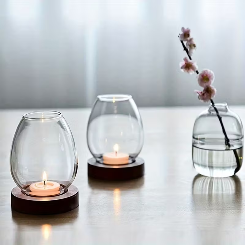 Oval Glass Tealight Holder – Clear Glass & Walnut Wood Base