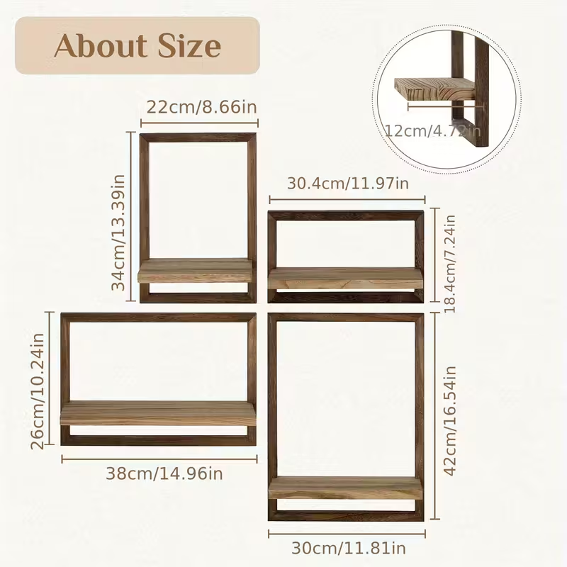 Floating Wall Shelf Set of 4 – Walnut Frame & Natural Wood