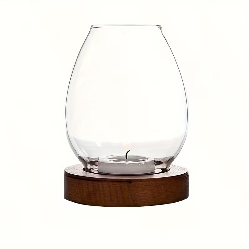 Oval Glass Tealight Holder – Clear Glass & Walnut Wood Base