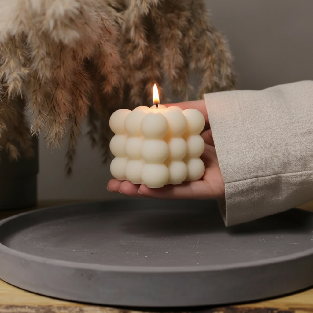 Hand holding cream bubble soy candle