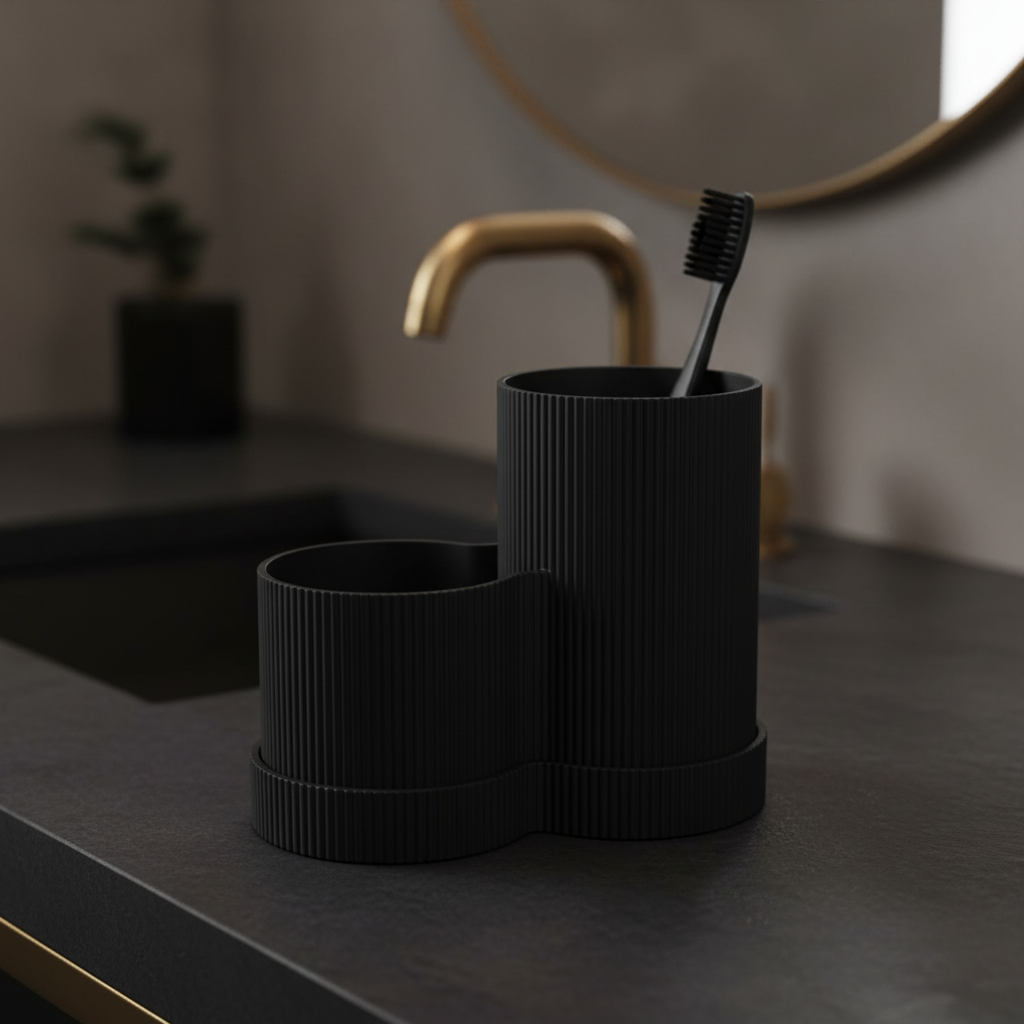 Black ribbed toothbrush holder on dark slate bathroom countertop