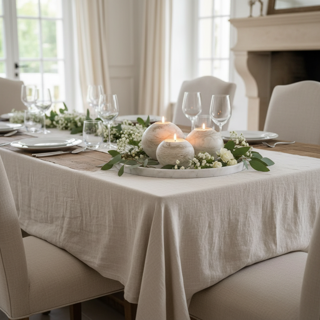 Marble candle holders as dining table centrepiece with flowers