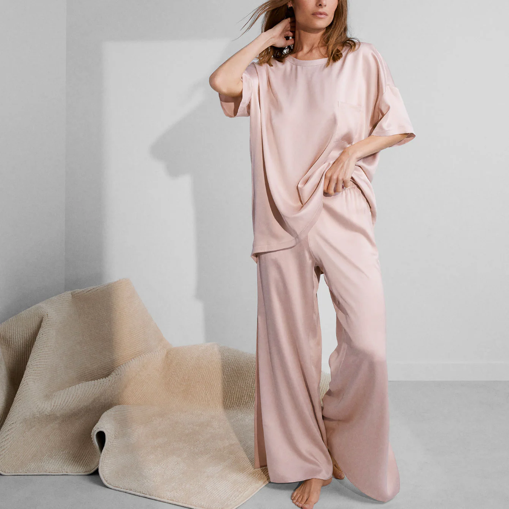 Washable Silk Tee & Pant Set – Blush Pink