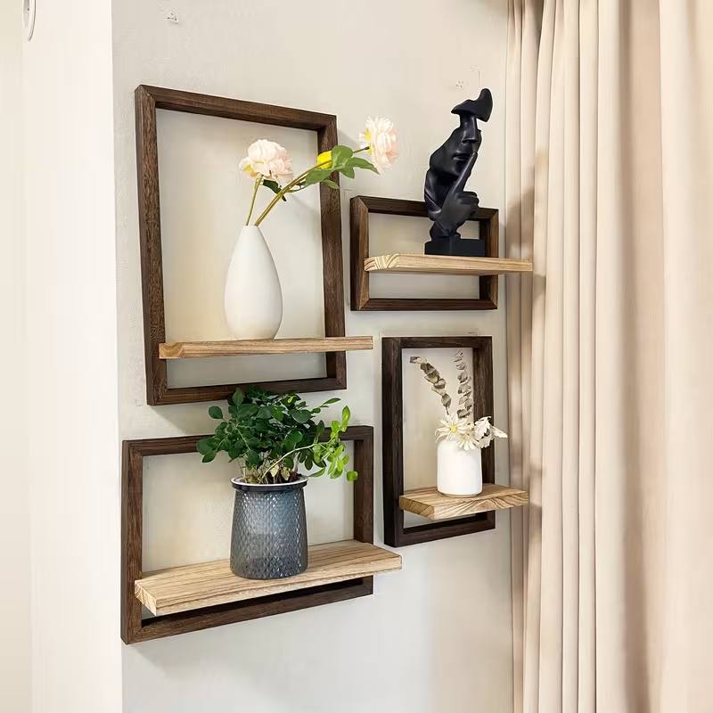 Floating Wall Shelf Set of 4 – Walnut Frame & Natural Wood