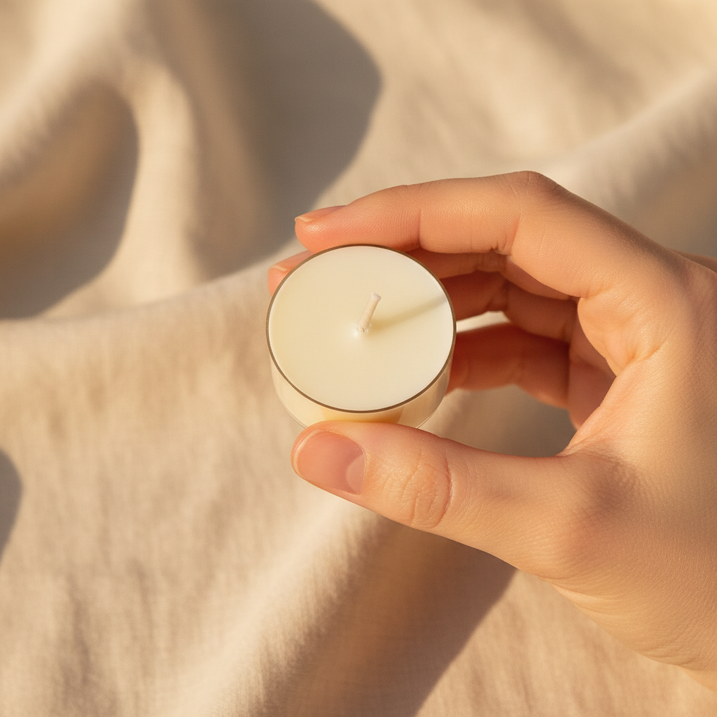 Woman's hand holding single ivory soy tea light candle