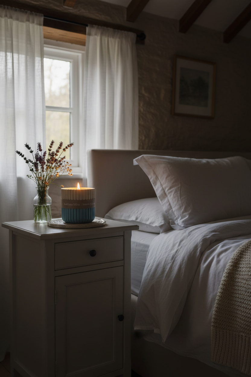 Bedtime Bliss ceramic candle burning softly on bedside table with white linen bedding
