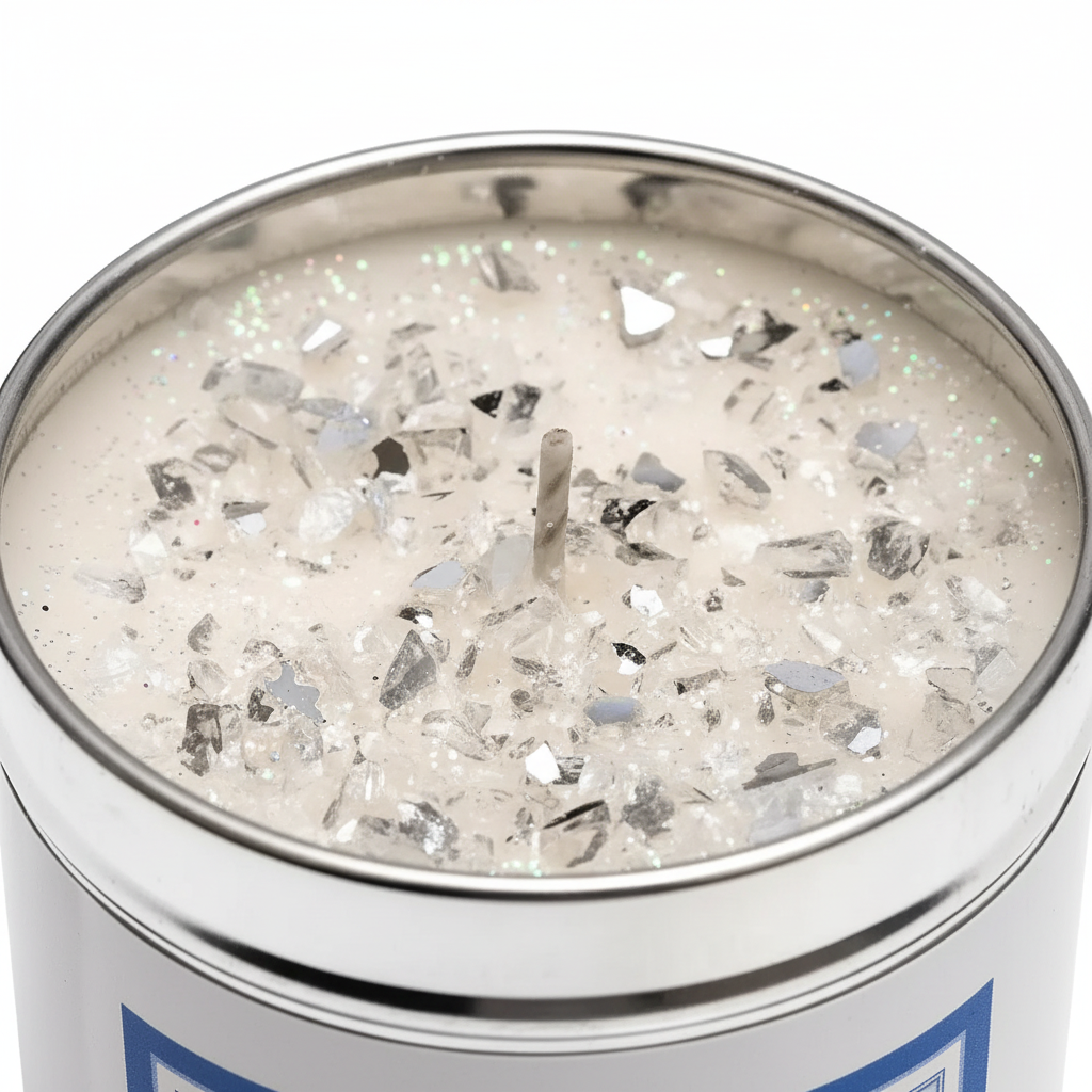 Close up of silver crystal glitter decoration on Classic Cotton tin candle