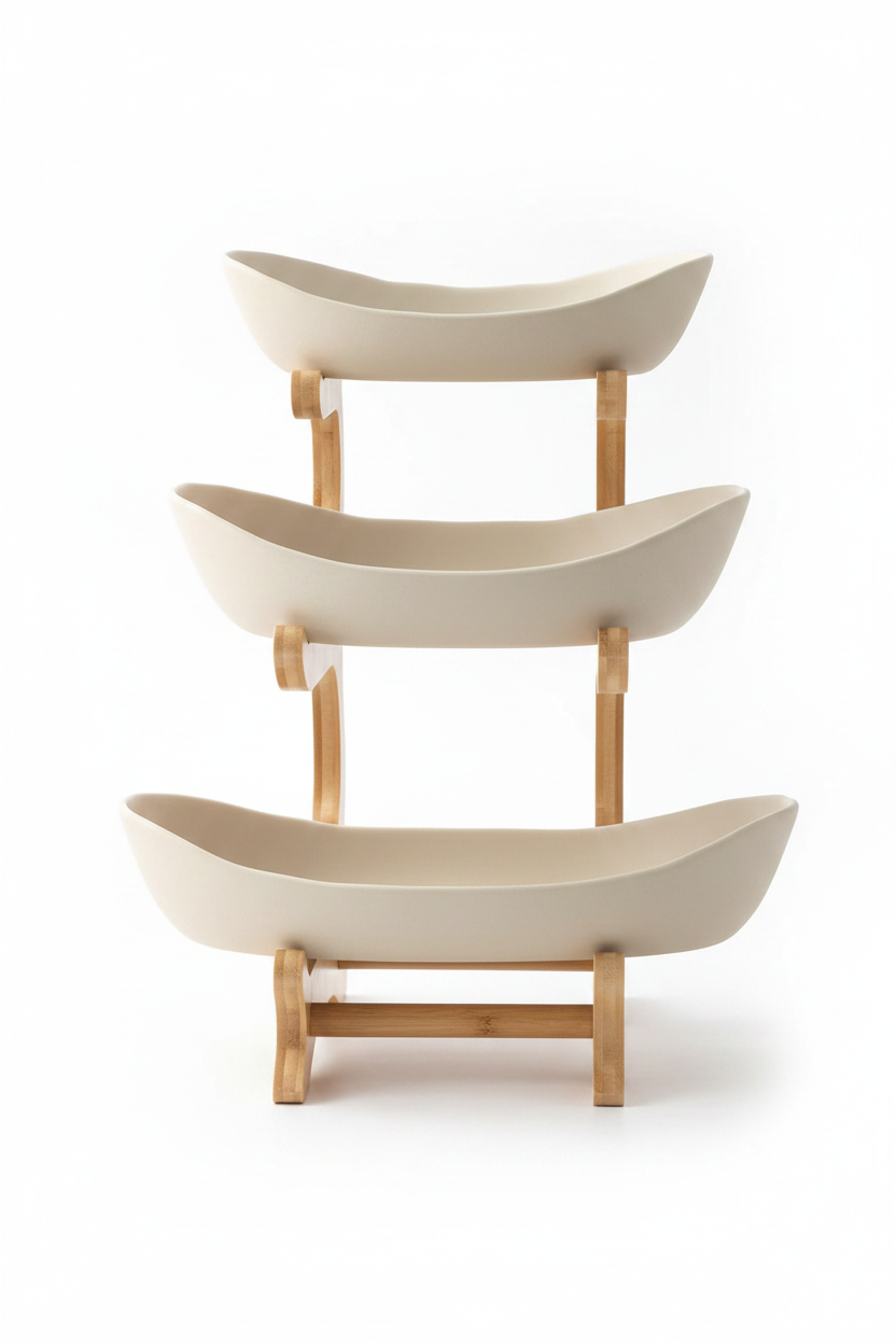 3-tier bamboo fruit stand white background product photo