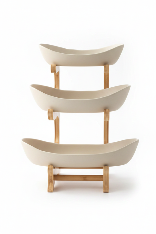 3-tier bamboo fruit stand white background product photo