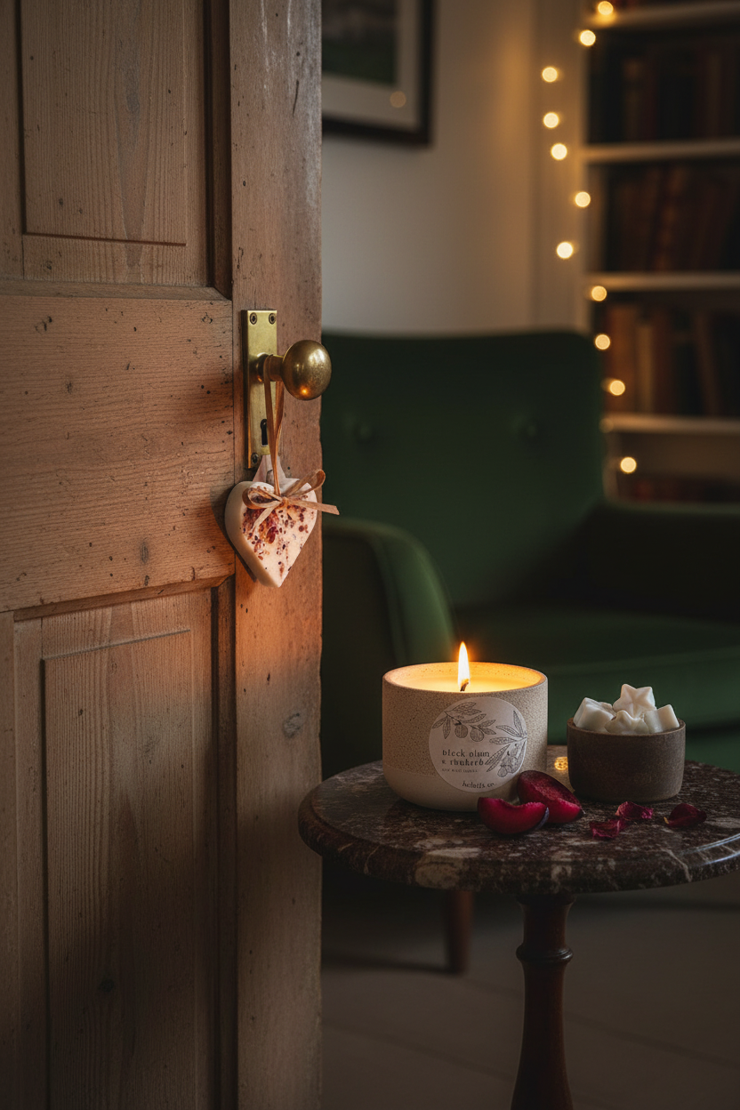 Black plum candle burning with heart wax decoration in romantic home interior