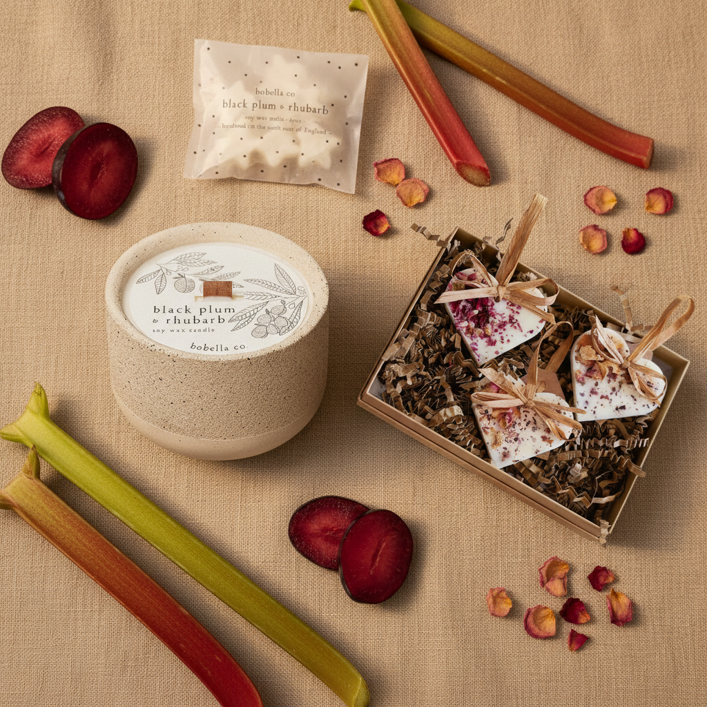 Black Plum & Rhubarb gift set flat lay with ceramic candle, wax melts and heart decorations