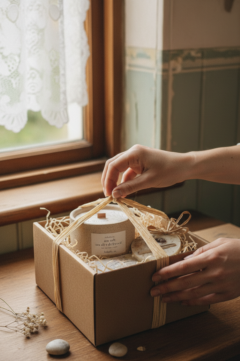 Woman unwrapping coastal candle gift set with kraft box and raffia ribbon