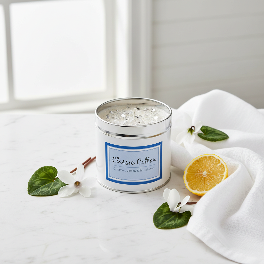 Classic Cotton white tin candle with silver crystal topping on marble surface